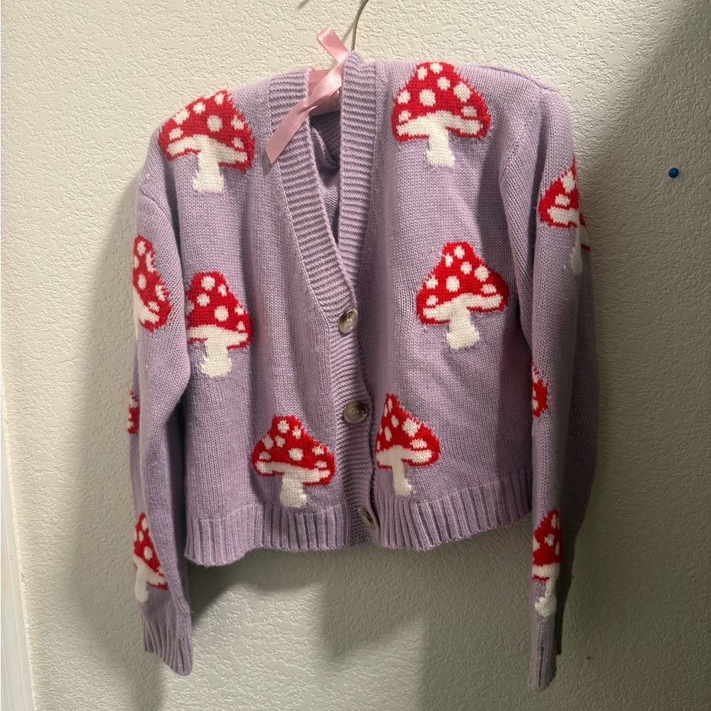 SHEIN Lavender Cardigan with Red Mushroom Design